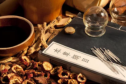 Close-up of acupuncture needles and herbs