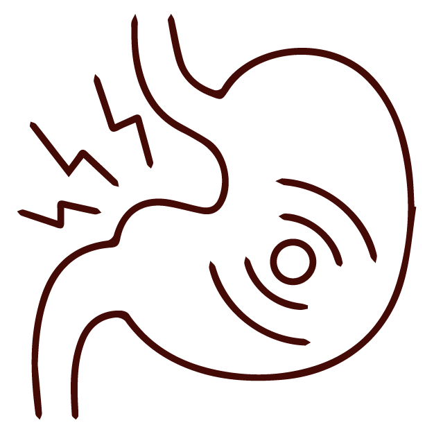 Line drawing of a stomach with lines showing pain, inspired by acupuncture or TCM concepts.