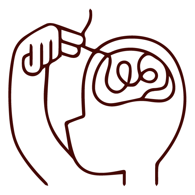 Line drawing of a hand untangling a scribble inside a head, inspired by acupuncture therapy.